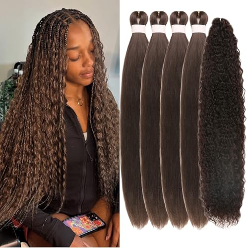 Dunkelbraun Flechten Haar Pre Stretched Knotless Mermaid Flechten Haar für Boho Flechten Tiefe Wace Farbe 4 Mikro Curl Boho Haar für Flechten (5 Packungen)