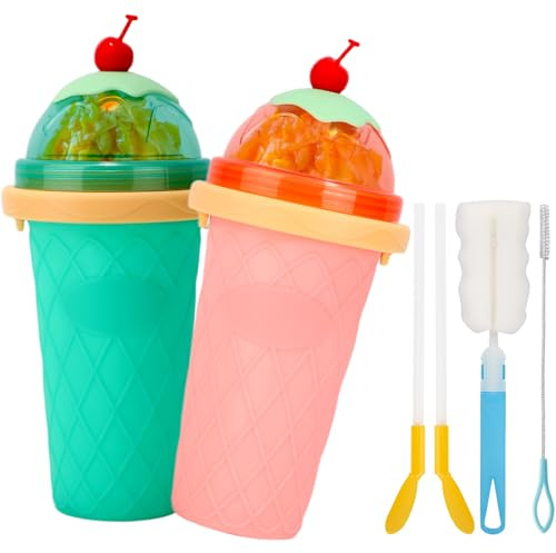 unbholkk 2-Teiliges Set Slush Becher, 2 In 1 Slush Maschine, Wiederverwendbar Slushie Maschine, Cups Verwendet FüR DIY Slushie Eis, Saft Silikon Squeeze Cup(GrüN+Rosa)