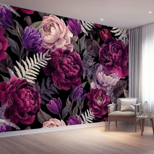 Vintage Roses Peonies Plants Floral Wall Mural - 3D Dark Purple Wallpaper for Home Office & Lounge - Large Non-Woven Feature Wall Art 350 x 256 cm, Sophisticated Study Room Decor (Requires Paste)