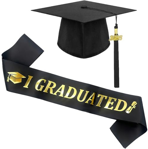 Bachelor Abschluss Hut Set Doktorhut mit Schärpe Verstellbar Abschluss Deko | Schwarz Graduation Hat Quaste Datumsanhänger 2026 Studentenhut für Universität Abschluss Geschenk für Abschlussfeier