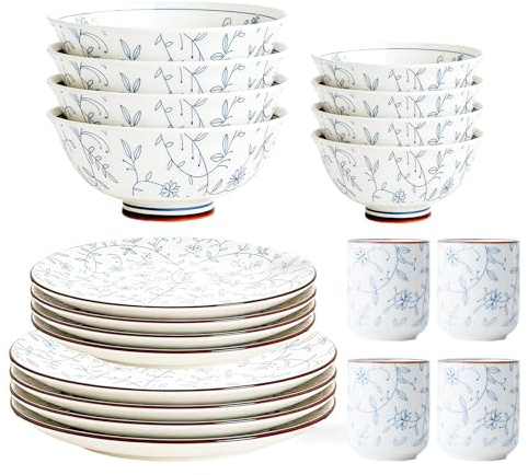 Kithing Vajilla de 20 piezas de cerámica blanca con diseño de flores azules, plato de sopa de postre para comedor y restaurante