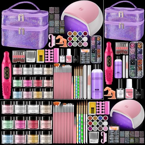 Yokilly Nagelstudio Acryl Nägel Starterset Komplett mit UV Lampe & Tasche | Nägel Selber Machen Set with 12Farbe Acryl Pulver Nails,Nagelfräse,12Farbe Acrylpulver Gelnägel Sets für Anfänger Zuhause DIY