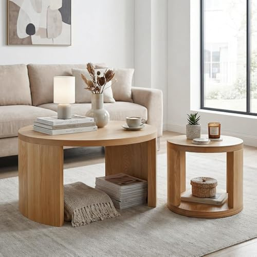 Cagnolier Couchtisch rund 2er Set, Flache Platte, Ø80/46cm, Natur