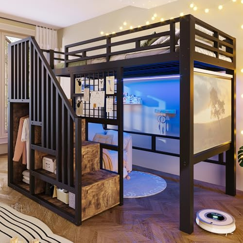 Wyibwy Cama alta de 90 x 200 cm con escalera de almacenamiento, cama de hierro con barandilla, cama alta para niños con luz LED, con predisposición para proyector, sin colchón, color negro