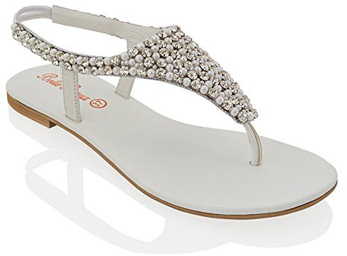 Ladies Flat Diamante Toe Post Womens Pearl Holiday Dressy Party Sandals Size 3-8 (UK 4 / EU 37, White)
