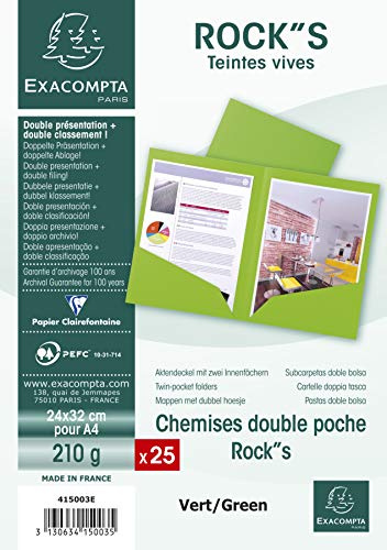 Exacompta 415003E 25er Pack Aktenmappen ROCKS mit 2 Innenfächern 220g für DIN A4 PEFC™-zertifizierte grün Präsentationsmappe Sammelmappe Dokumentenmappe