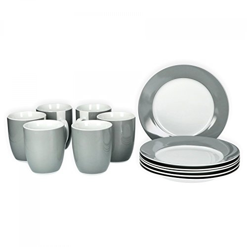 van Well Vario Frühstücksset 12-teilig Kombi-Service 6 Personen - Geschirr-Set Kaffee, Frühstück & Tafel - je 6 kleine, flache Frühstücksteller & Kaffeebecher aus Porzellan - Grau