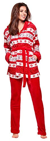 Selente Sweet Dreams Soffice completo donna per casa in caldo pile: vestaglia con tasche, cappuccio, cintura e pantaloni, rosso neve, L