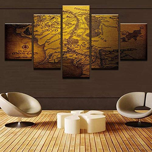 104Tdfc Herr der Ringe Karte 5 Teilig Leinwanddrucke,Modulare Wandkunst Wandaufkleber,5 Teiliges Bilder 150X80Cm Vlies Leinwandbild