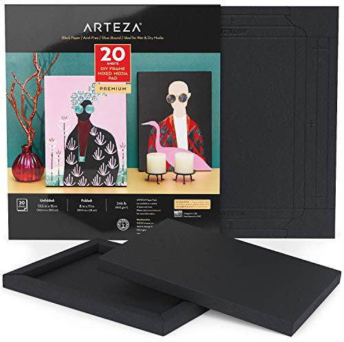 Arteza Mixed Media Papier Schwarz, 20.4 x 28 cm, 20 Blatt faltbares schwarzes Malpapier 400 g/m², DIY-Rahmen, Art Block mit säurefreiem schwerem Künstler Papier, Künstlerbedarf für Mix Media Kunst
