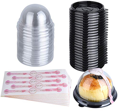 MIAHART 50 Pack Clear Plastic Mini Cupcake Container with 50 Pcs Label Stickers Baking Mini Cake Boxes Muffin Boxes Dome Box Candy Boxes, Black