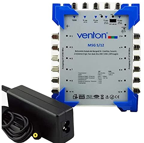 Venton Sat Multischalter 5/12 MSG I Multiswitch für bis zu 12 Teilnehmer I Sat-Verteiler 5 Eingänge 12 Ausgänge - UHD Full HD-TV 4K 3D I Empfang digitaler & terrestrischer Signale I inkl. Netzteil
