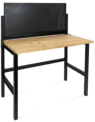 HEMMDAL Werkbank mit Lochrückwand | 150 kg Tragkraft | HxBxT 142 x 121,5 x 64,6 cm | 2,5 cm Starke Holzplatte | klappbar | stabiles Stahlgestell | Profi-Arbeitstisch für Enge Räume