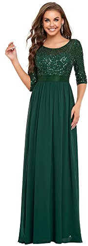 Ever-Pretty Women's Elegant 3/4 Sleeves Sequin Empire Waist A Line Chiffon Prom Dresses Dark Green 12UK