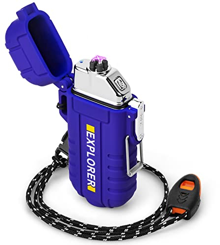 Wasserdicht & Winddicht Feuerzeug Elektrisch für Outdoor SurWasserdicht & Winddicht Feuerzeug Elektrisch für Outdoor Survival Ausrüstung, Professionelle Type-C Wiederaufladbares Feuerzeug Blau