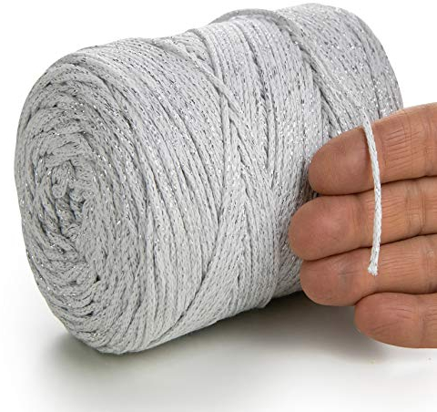 MeriWoolArt® Metallische Makramee Garn 2mm x 225m Farbig für Schnur Schmuckherstellung, Makramee Accessoires Schmuck - Boho Makramee Seil Garn - Glanz Lurex Recyceltes Baumwollgarn (Lurex Asche)