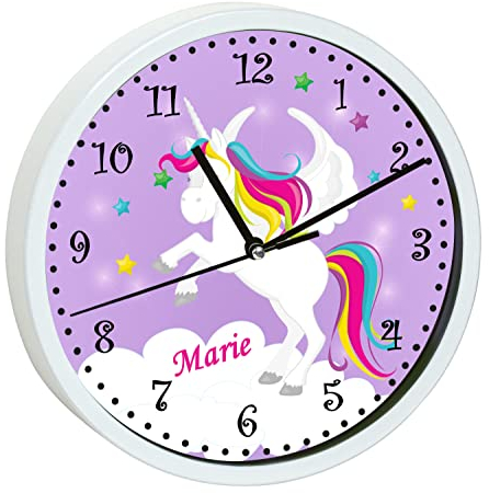 CreaDesign, Wanduhr für Kinderzimmer Einhorn lila, Kinderuhr weiß mit Quarz Uhrwerk, personalisiert mit Name, Durchmesser 19,5 cm