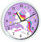 CreaDesign, Wanduhr für Kinderzimmer Einhorn lila, Kinderuhr weiß mit Quarz Uhrwerk, personalisiert mit Name, Durchmesser 19,5 cm