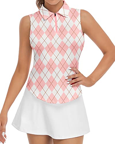 Soneven Golf Poloshirt Damen Ärmellos Leichte Golf Polo Top mit Polokragen Sport Shirts für Damen Atmungsaktiv Tennis Shirt Polohemd Sommershirts Rosa XL