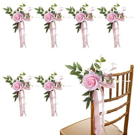 LEMCC Künstliche Pfingstrosen für Hochzeit, Stuhl, mit Bändern, für Hochzeitszeremonie, Empfang, Hochzeitsgang, Blumendekorationen für Kirche, Stuhl, Bank, 6 Stück