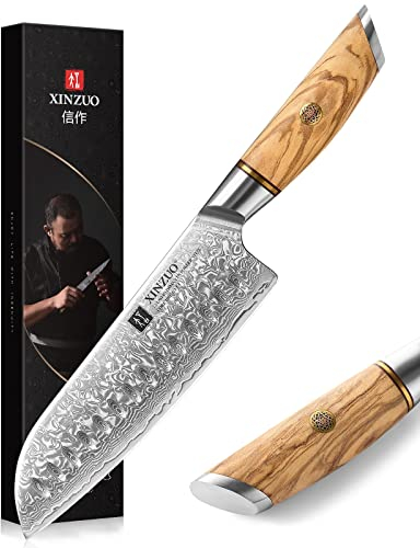 XINZUO Damaststahl 18.2cm Santokumesser, scharf Kochmesser 73 Schichten Damastpulverstahl profi Küchenmesser Chefmesser-mit ergonomischer Olivenholz Griff -Lan Series