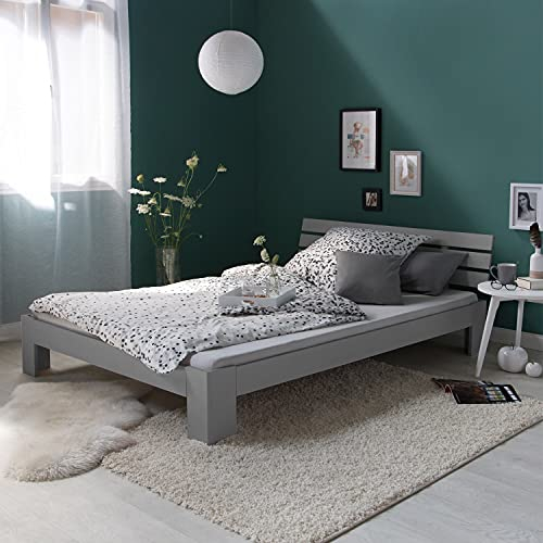 Homestyle4u 2265, Holzbett Doppelbett 140x200 mit Matratze und Lattenrost Bett Grau Holz Kiefer Bettgestell Futonbett