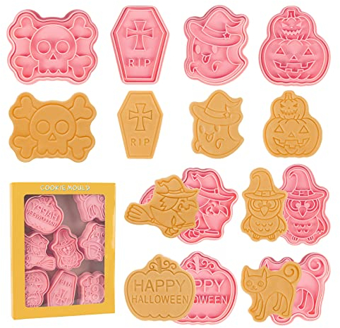 8 Piezas Moldes Galletas Halloween, 3D Prensables Juego de Cortadores de Galletas de Halloween, Plástico Reutilizable Moldes para Galletas para Cookies Fondant Pasteria Decoración
