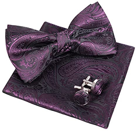 Alizeal Herren Classic Paisley Fliege, Hanky und Manschettenknöpfe Set, Pflaume lila