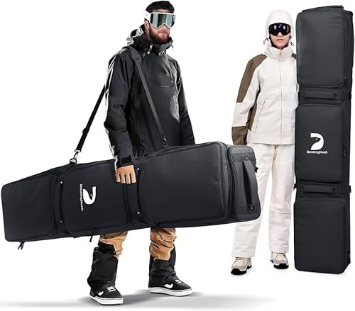 DASHINGNOAH Borsa doppia da sci, borsa da snowboard con ruota, borsa da sci imbottita impermeabile per viaggi aerei, adatta a 2 tavole o 2 set di sci fino a 175 cm, scomparto principale espandibile e