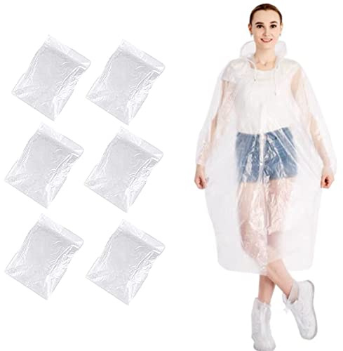 Durchsichtig Regenponcho,6 Stück Schutzkleidung Regencape Damen Herren,Einweg Regenmantel,Transparent Wasserdicht Regenponcho mit Kapuze und Ärmeln,Portable regencape für Reise,Camping,Wandern,Angeln