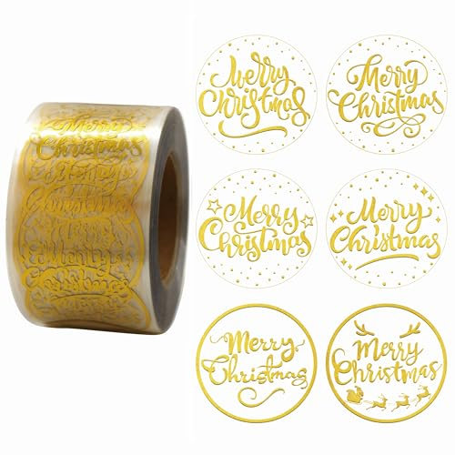 Masper 3.8cm/600 Sheets Christmas Stickers, 6 Transparent Gold Designs of Merry Christmas Stickers for Crafts Presents Kids Card Making Envelopes