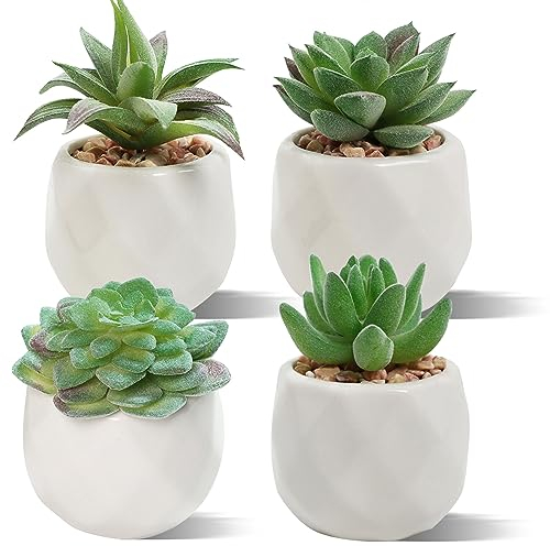 Duscdesp Set di 4 mini piante grasse finte con vaso, piccole piante grasse finte in vaso di ceramica, piante artificiali in plastica, per interni, per ufficio, cucina, camera da letto, bagno,