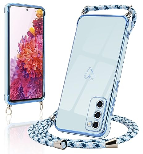 Micoden Handykette kompatibel mit Samsung Galaxy S20 FE 4G/S20 FE 5G Ultra dünn Kameraschutz Herz Love Design Galvanik TPU Silikon Bumper Kordel zum Umhängen Handyhülle mit Band,Blau