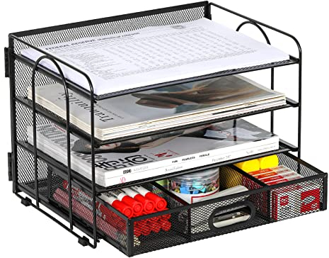 EasyPAG 4 Tier Desktop A4 Mesh Filing Tray Office Desk Tidy File Holder Paper Organiser Magazine Storage Rack with Stationery Drawer,Black