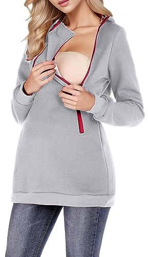 Zshosam Damen Stillpullover Winter Baumwolle Langarmshirts Umstandsmode für Damen, normal, einfarbig, mit Reißverschluss am Saum Lässig Langärmelig, mit Gürtel, Kapuzenpullover, (Grey, XXL)