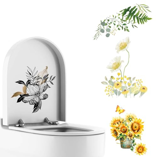 Haohai 4 x Blätter Blumen WC-Sitz-Deckelaufkleber, Sonnenblumen-Aufkleber für Badezimmer, WC-Deckelaufkleber, abnehmbar, selbstklebend, WC-Deckelabdeckung, , Vinyl, Wandkunst, Schild, Dekor (4)
