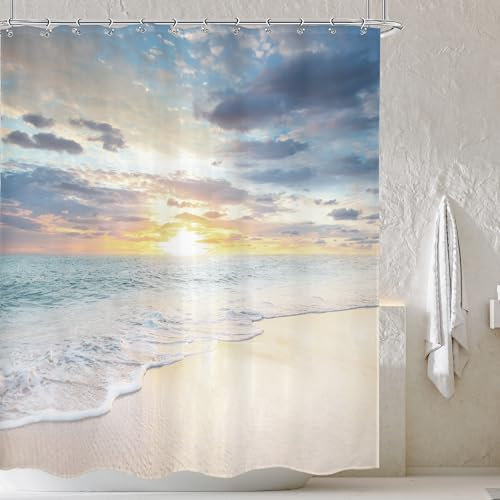 Cinbloo Rideau de douche en tissu avec 12 crochets - Motif paysage marin moderne - Motif plage - 152 x 183 cm