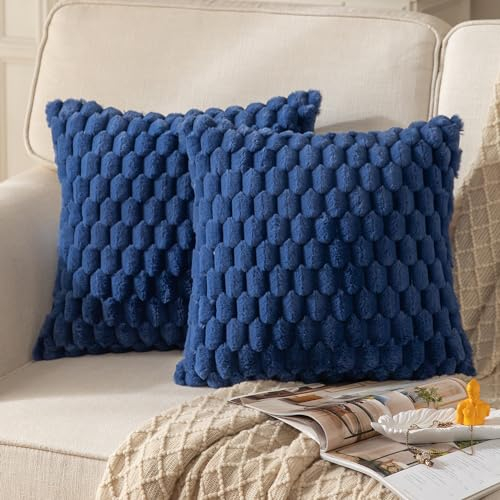 Mandioo 2er Set Dunkelblau superweichen dekorative Plüsch Kissenbezug Kissenbezüge 40 x 40 cm Wollsamt Dekokissenbezüge Kissenhülle Sofakissen Dekokissen flauschig für Couch Sofa Bett Wohnzimmer
