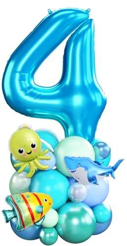 Luftballons 4. Geburtstag Junge Blau Ocean Zahlen 4 Folienballons für 4 Jahr Alt Geburtstags Deko mit Hai Fisch Shark 40 Zoll Groß Blau Grün unter dem Meer Tiere Vier Digit Ballon für Vierte 4th Party
