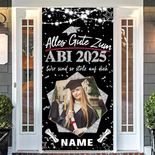 Dicodes Personalisierte Graduation Tür Banner ABI 2025 Prüfung Bestanden Zeichen Dekorationen Banner für Graduation Party(Schwarz und Silber)