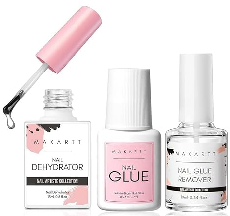 Makartt Nail Dehydrator 15ML Nail Glue 7ML and Nail Glue Remover 10ML Set, Acid Free Primer Glue and Debonder All in One Supplies Kit for Press on Nails Fake Nails Application, Easy Manicure at Home