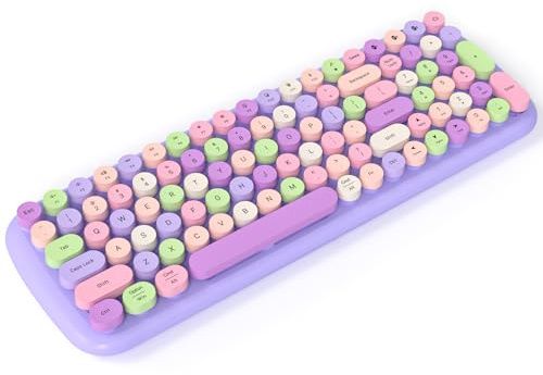 KNOWSQT - Teclado bluetooth, morado, multicolor, inalámbrico, multidispositivo, tipo máquina de escribir, teclas redondas, 100 teclas, para Windows, portátil, PC, tablet, iPad, iPhone y Chrome.
