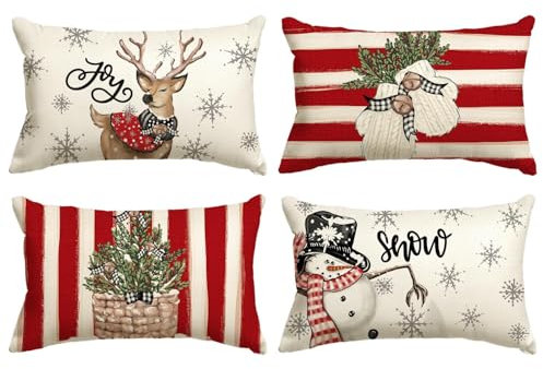 Artoid Mode Rot Streifen Schneemann Rentier Handschuhe Weihnachten Kissenbezüge 4er Set, 30x50 cm Christmas Zierkissenbezug Cushion Cover Couch Deko
