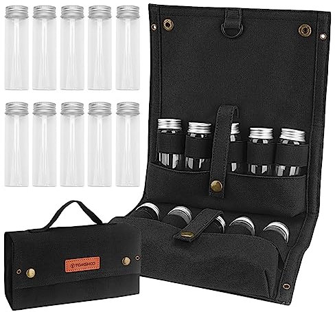 Tissting Gewürzgläser Set, 10 Pcs Gewürzstreuer Camping Outdoor Gewürztasche Camping Gewürze Set Tragbares Spice Jars für Camping BBQ Picknick Reisen, mit Schwarz Faltbarer Aufbewahrungstasche