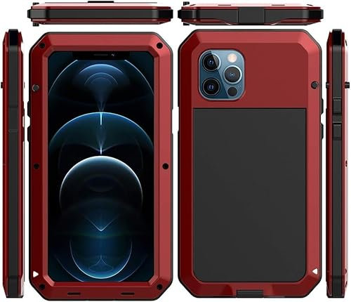 iPhone 13 Mini Heavy Duty Case, Shockproof Cover for iPhone 13 Mini Metal Case Tough Armour Work Cases with Tempered Glass Screen Film, 360 Full Body Protective Rugged Cover for iPhone 13 Mini - Red
