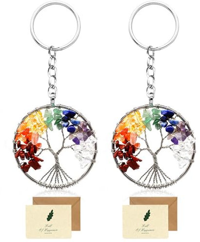 Arbre de Vie Porte Clef, 2 Belle Ronde 7 Chakra Guérir Cristal Arbre de Vie Porte Clé Personnalisé Pierres Précieuses Pendentif Porte Clef Femme Chic pour Couple Amoureux Mère et 2 Ami Carte