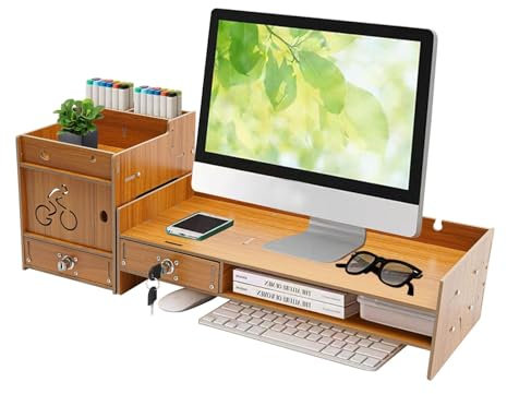 RjcdOPL Supporto per schermo del computer con 2 cassetti, organizer per scrivania in legno, risparmio di spazio, per riporre monitor, cartelle, quaderni, Z05-S (legno)