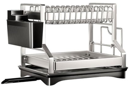 Escurridor de platos de acero inoxidable, 2 niveles, multifuncional, escurridor, estante de almacenamiento de platos con