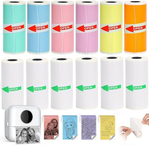 12 Rouleaux Appareil Photo Impression Papier, Rouleau thermique, Rouleaux Appareil Photo Enfant Auto-Adhésif Rouleau, Sans Encre, Papier Thermique pour Enfantspour Mini Imprimante (57 x 25MM)