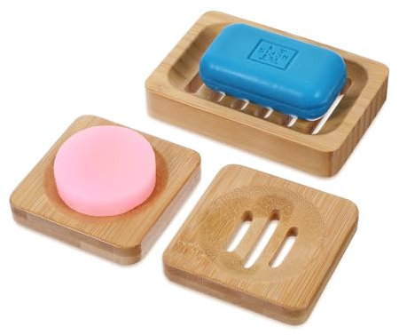Nogeqi 3 Stück Bambus Seifenschale Holz, Naturholz Seifenschale Mit Ablauf, Bamboo Seifenhalter, Holz Seifenablage, Wooden Soap Holder Seifenschalen für Bad und Küche mit Abtropffunktion